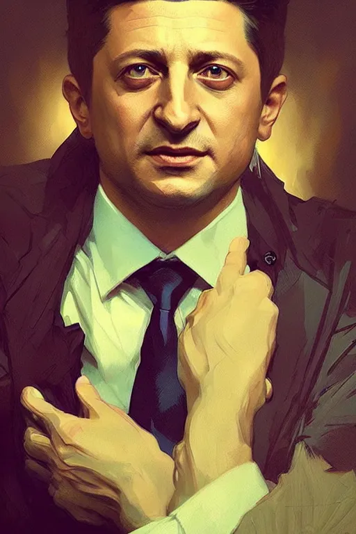 Image similar to zelensky as president, portrait, highly detailed, digital painting, artstation, concept art, smooth, sharp focus, illustration, cinematic lighting, art by artgerm and greg rutkowski and alphonse mucha