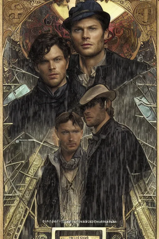 Prompt: a detailed tarot card of jensen ackles and jared padalecki in a supernatural sherlock holmes story, 1 8 th century london in the rain, city streets, ominous, masterpiece, 8 k, art by alphonse mucha and greg rutkowski