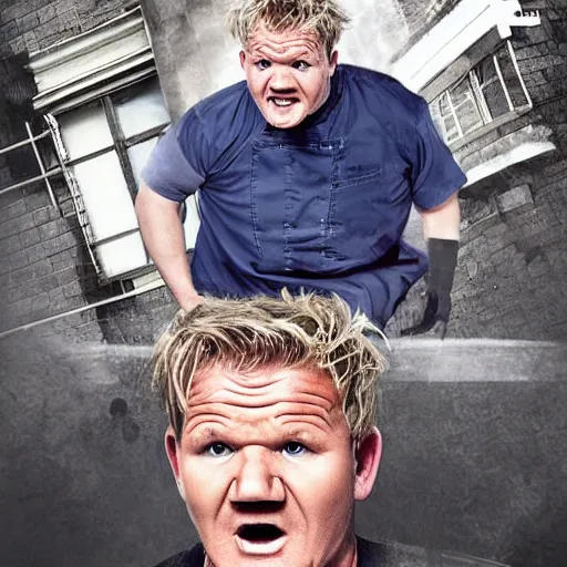 Image similar to fat gordon ramsay escaping from prison, hyper realistic, photo, photo studio, news paper, hyper detailed, smooth