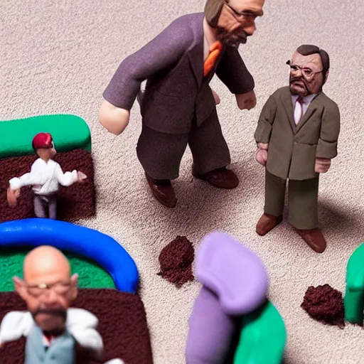 Prompt: “Clay miniature models of Saul Goodman fighting Walter White, in the style of claymation, Play-doh, tilt-shift photography”