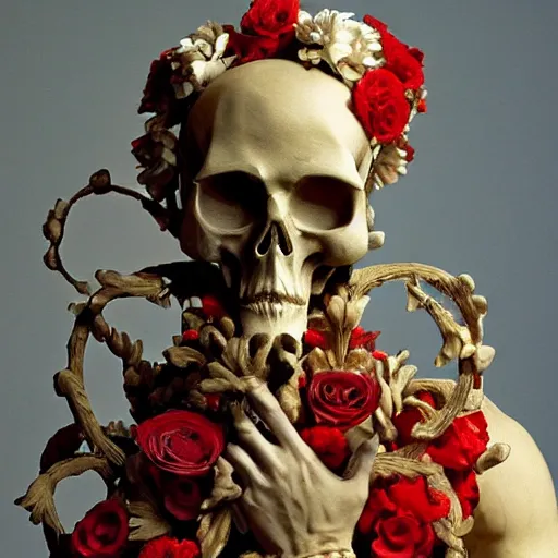 Prompt: a man in the form of a Greek sculpture with a mask in the form of a skull and wreath of flowers skulls in hands dressed in a biomechanical dress, red white and gold color scheme, baroque, by Michelangelo