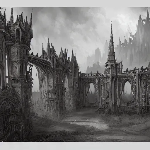 Prompt: a beautifully detailed pencil drawing, a palace of pitched roofs alternating with battlements, a gate, twisted towers, organic architecture, gothic windows, grassy plain, by raphael lacoste, by andreas rocha, by rainman page, by rembrandt van rijn, trending on artstation