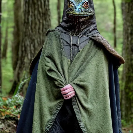 Image similar to medieval cloak wearing lizard human, photograph captured in the woods