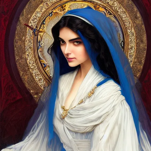 Prompt: ameera al taweel, bright blue eyes, long wavy black hair, white veil, front , highly detailed, digital painting, artstation, concept art, smooth, sharp focus, illustration, ArtStation, art by artgerm and greg rutkowski and alphonse mucha and J. C. Leyendecker and Edmund Blair Leighton