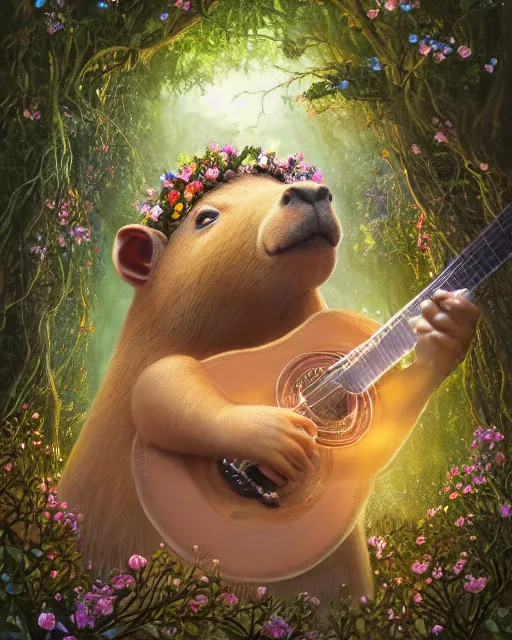 Image similar to Capybara playing Guitar in magical forest, portrait, wearing flower crown, magical notes, flowers, flower dress, birds, fairy atmosphere, magic the gathering artwork, D&D, fantasy, cinematic lighting, centered, symmetrical, highly detailed, digital painting, artstation, concept art, smooth, sharp focus, illustration, volumetric lighting, epic Composition, 8k, art by Akihiko Yoshida and Greg Rutkowski and Craig Mullins, oil painting, cgsociety