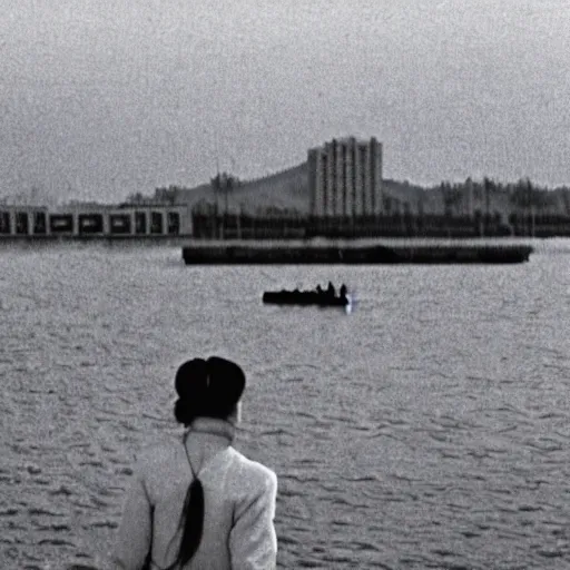 Image similar to a film still of a north korean monster movie, film noir, video compression, ripple effect