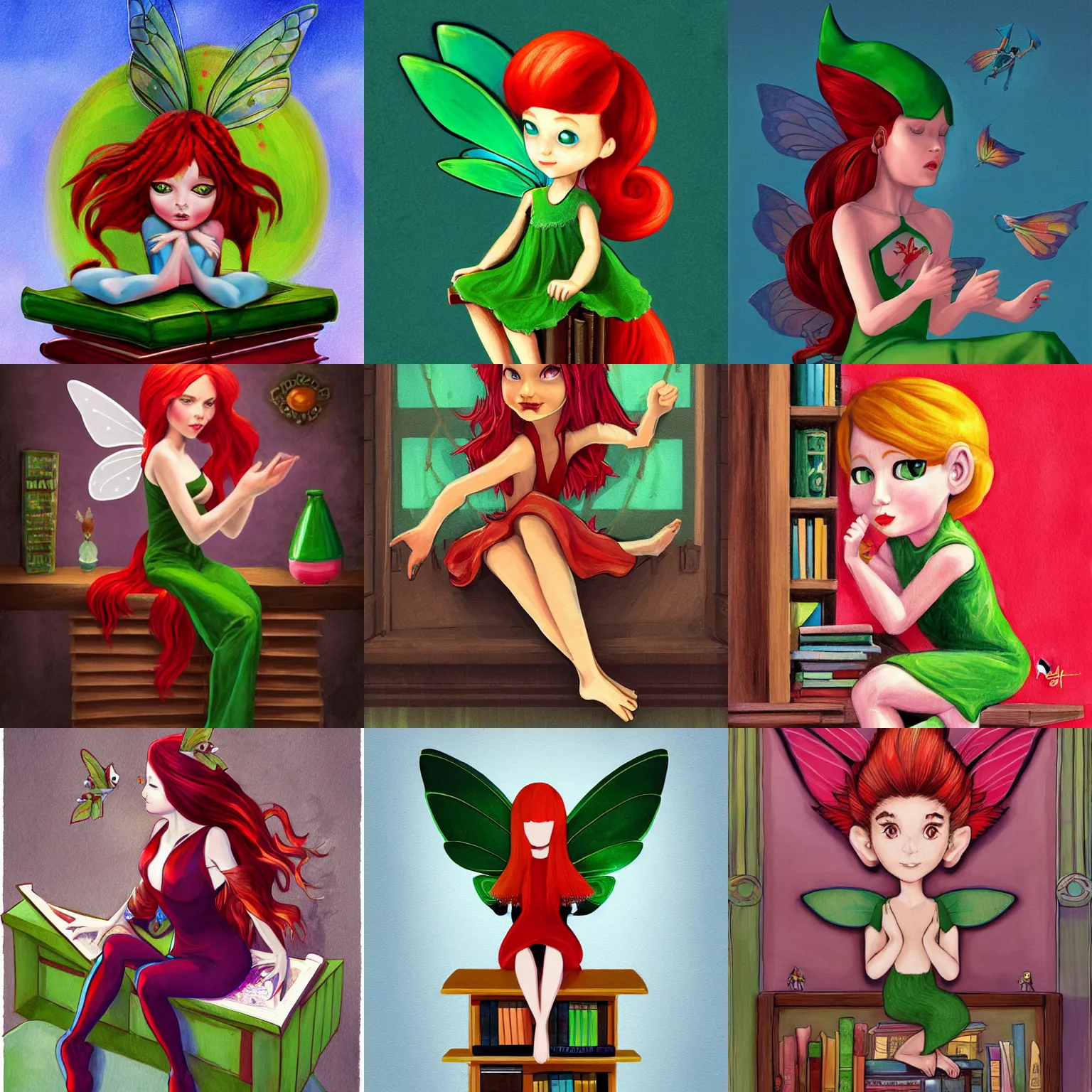 Prompt: a symmetrical painting of a tiny fairy flying sitting on a bookshelf, ((((library interior)))), red hair, green dress, concept art by Kaja Foglio, behance contest winner, vanitas, official art, poster art, concept art