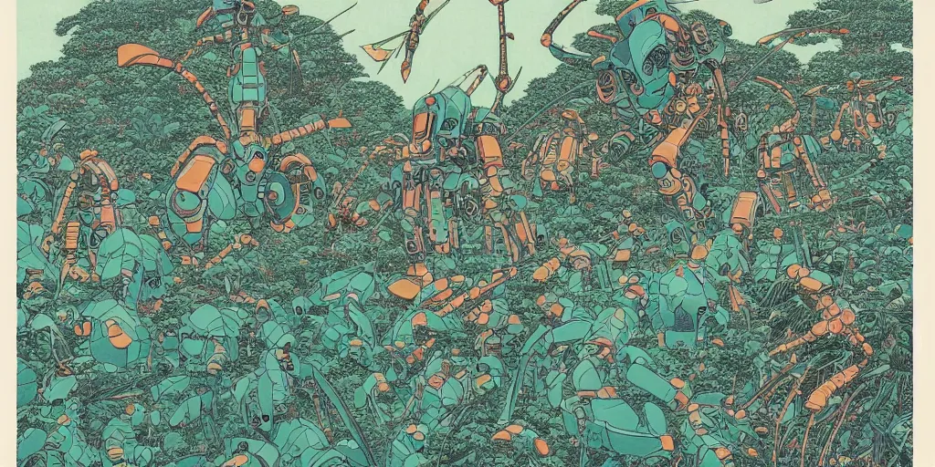 Image similar to gigantic dragonflies, tiny robots, a lot of exotic mecha robots around, human heads everywhere, risograph by kawase hasui, satoshi kon and moebius, 2 d gouache illustration, omnious, intricate, swimming pools and ice, fullshot