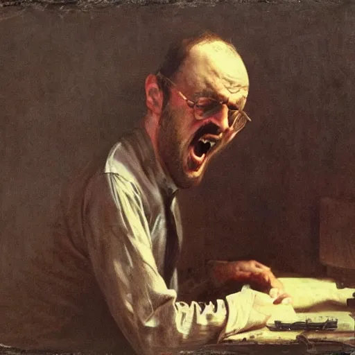 Image similar to an angry man screams at his computer monitor, oil on canvas, 1 8 8 3, highly detailed