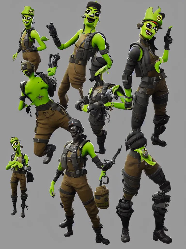 Image similar to fortnite character, anthropomorphic pickle, kind eyes and a derpy smile. flak jacket, ammo bandolier, cargo pants, black combat boots. fortnite style, unreal engine