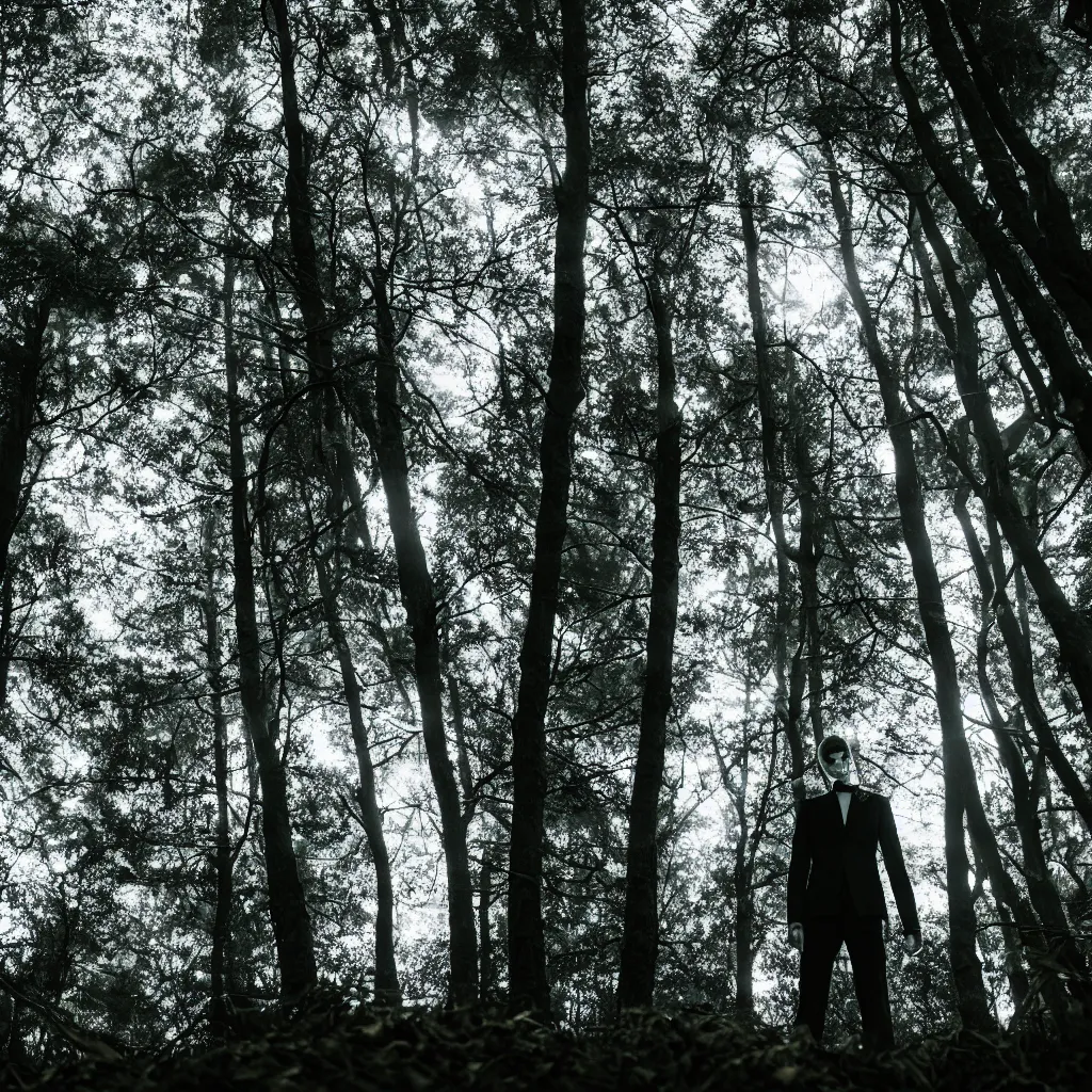 Image similar to cinematic still of slenderman in eerie dark forest, XF IQ4, f/1.4, ISO 200, 1/160s, 8K, RAW, dramatic lighting, symmetrical balance, in-frame