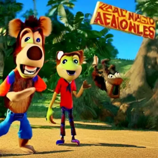 Image similar to a still of from the movie raising arizona crossover with the game banjo - kazooie