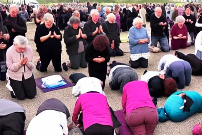 Image similar to people praying for god to resurrect a old lady