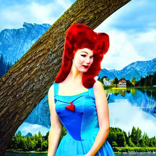 Image similar to giant alice in wonderland, pin up, houses, trees, mountains, woman, city, digital art, photo, blue dress, photoshop, flowers, collage, river, below