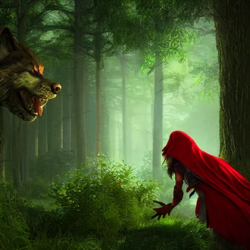 Prompt: smirking heavily armed little red riding hood getting attacked by a werewolf from behind in a lush green forest, sharp focus, unreal engine 5, digital illustration, volumetric light, highly detailed, intricate, by michael whelan, james gurney, 8 k