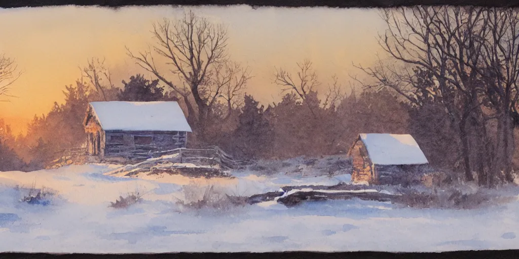 Image similar to a watercolor painting of a cabin in a snowy landscape, at dusk, painted by lars lerin