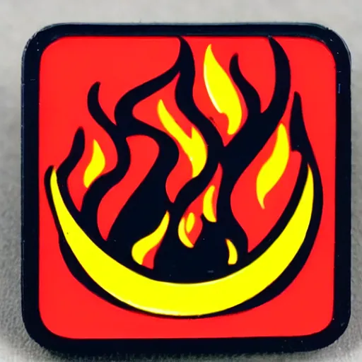 Image similar to a square enamel pin depicting a minimalistic clean illustration fire flames warning label, smooth curves