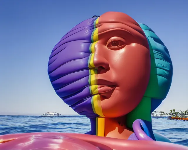 Prompt: a giant sculpture made out of of inflatable pool toys in a human head shape, on the surface of the ocean, in the style of chad knight, long shot, hyper detailed, hyper realistic, ray tracing, 8 k resolution, sharp focus, realistic water, award winning sculpture