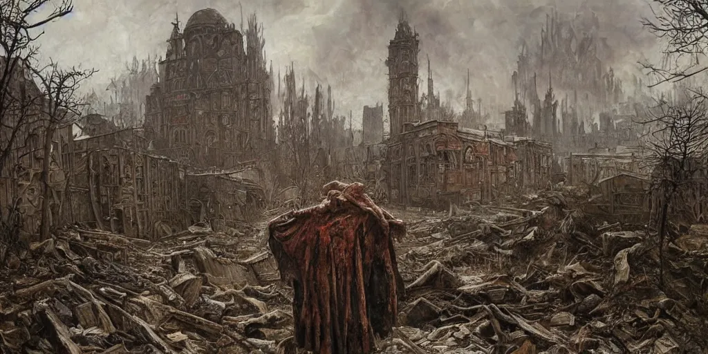 Prompt: A building made out of flesh as concept art for Metro Exodus, raining blood, flesh buildings, buildings made from meat, oil painting, painting by Viktor Vasnetsov, concept art, dark cityscape, horror architecture, painting by Ivan Shishkin and Alphonse Mucha, inspired by HR giger and zdzisław beksiński, high resolution, trending on artstation,