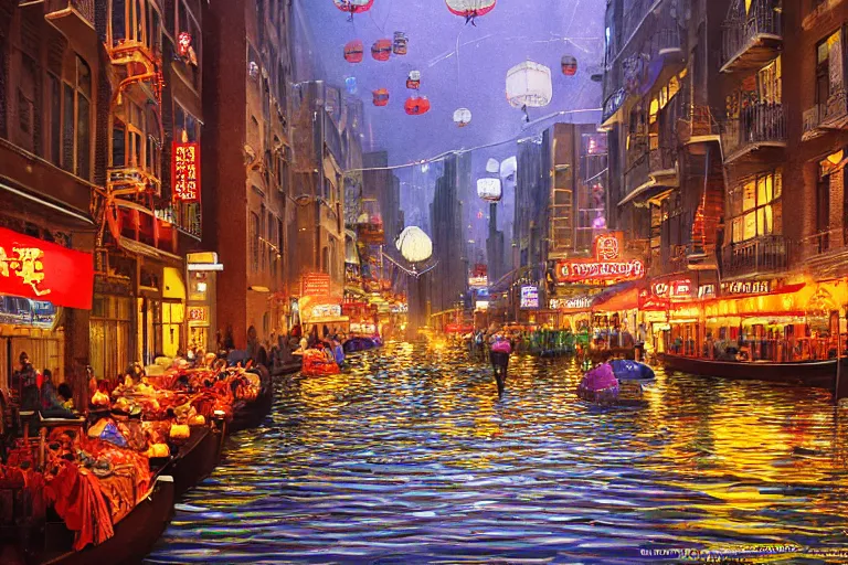 Prompt: a far-future flooded Manhattan Chinatown during a festival at dusk, with paper lanterns, banners, glowing windows, people on balconies and fire escapes, and canal streets with people in gondolas and other boats floating by, sparkling water, low angle, wide angle, beautiful, warm dynamic lighting, atmospheric, cinematic, highly detailed digital art, painted by Tyler Edlin