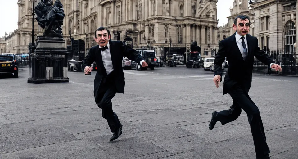 Prompt: mr bean as james bond running down the street in london, 4 0 mm f / 2. 8, cinematic, cool, anamorphic, dramatic