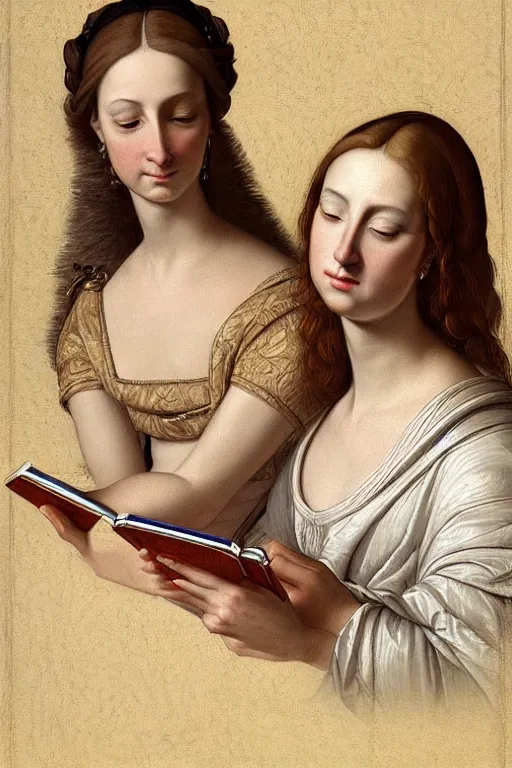 Image similar to portrait of two wise and very beautiful women reviewing some texts, art by tiziano, intricate, elegant, highly detailed, smooth, sharp focus, artstation