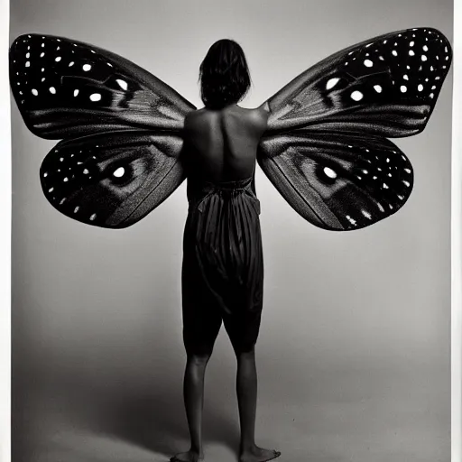 Prompt: a person with moth wings and a proboscis, large format film photograph by richard avedon