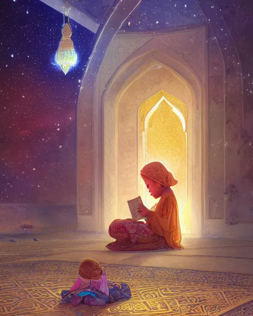 Image similar to bedouin child reading the quran inside of the mosque in the galaxy surrounded by nebula, highly detailed, gold filigree, romantic storybook fantasy, soft cinematic lighting, award, disney concept art watercolor illustration by mandy jurgens and alphonse mucha and alena aenami, pastel color palette, featured on artstation