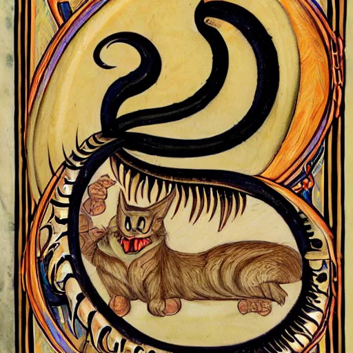 Prompt: dark cat god detailed illuminated manuscript teeth fangs tails