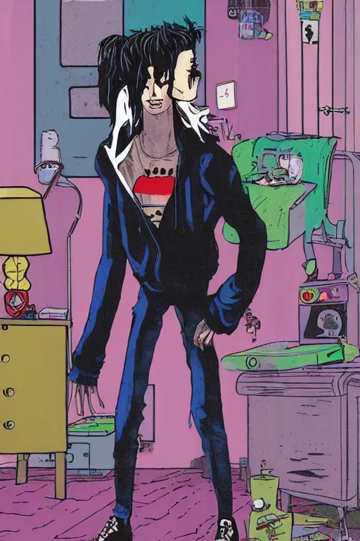 Prompt: a skinny goth guy standing in a cluttered 9 0 s bedroom by jamie hewlett, jamie hewlett art, full body character concept art, vaporwave colors, digital painting,