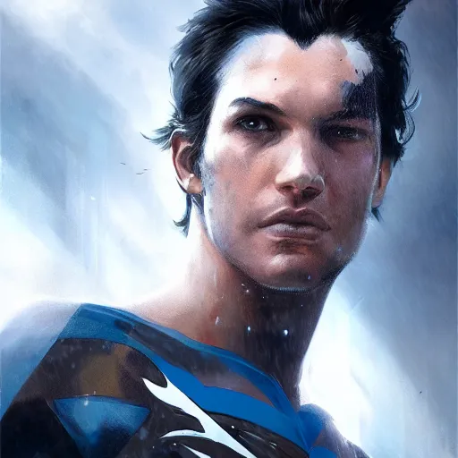 Image similar to portrait of Nightwing, amazing splashscreen artwork, splash art, head slightly tilted, natural light, elegant, intricate, fantasy, atmospheric lighting, cinematic, matte painting, by Greg rutkowski