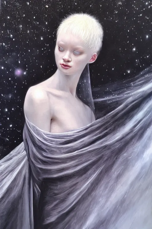 Image similar to hyperrealism oil painting, close - up portrait of albino medieval fashion model, black silk, steel gradient mixed with nebula sky, in style of baroque