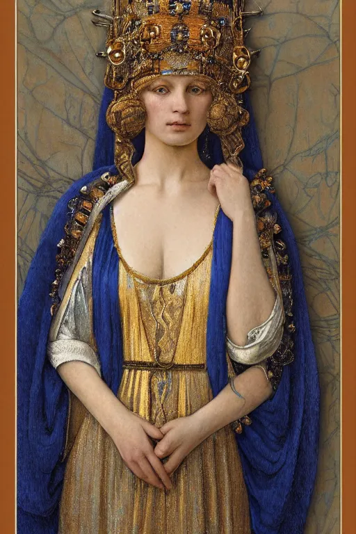 Image similar to coronation portrait of the ice queen, by Donato Giancola and John Bauer and John William Godward and Vermeer, embroidered velvet, iridescent beetles, rich color, ornate headdress, flowing robes, lost runes, ancient civilizations,featured on Artstation, cgisociety, unreal engine, extremely detailed