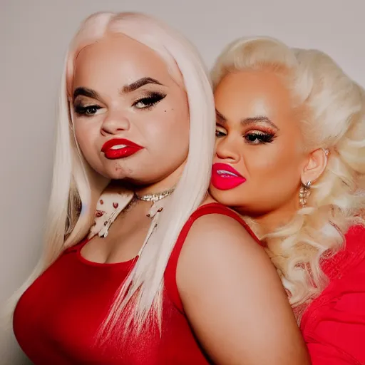 Image similar to photo of doja cat & trisha paytas whispering to each other and giggling while they look at the camera, , intricately detailed, dslr, 85mm pentax, f/1.3, award winning