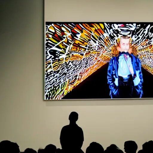 Image similar to art curator looking at a screen with a chat interface, recursive, on stage in the middle of a fashion show in the style of grand chamaco and stanley kubrick, inspired by y - 3, photorealistic, epic, super technical, cinematic still