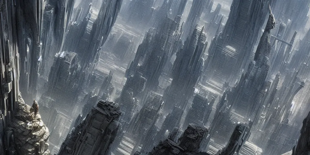 Image similar to ultra detailed, futuristic cityscape carved into mountain wall, cyberpunk, fantasy, intricate details, professional digital painting, photorealistic, surreal, artstation, concept art, smooth, sharp focus, atmospheric, hyperdetailed, Unreal Engine 5, cinema 4D, zbrush, octane render, Photorealism, 8k, cinematic, art by h.r. giger and artgerm and greg rutkowski and alphonse mucha and loish and WLOP