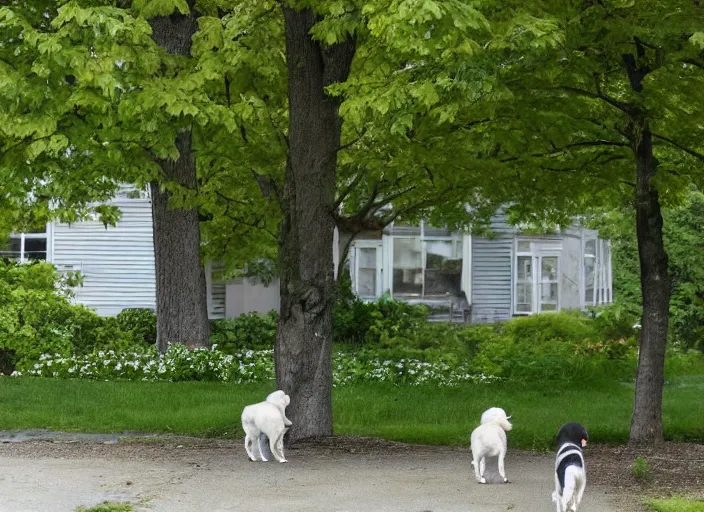 Image similar to the sour, dour, angry lady is walking her three tiny white dogs on leashes, looking down. she has gray hair. the old lady is wearing a long gray cardigan and dark pants. green house in background. large norway maple tree in foreground. view through window, across the road