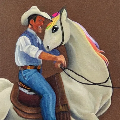 Image similar to a painting of a cowboy riding a unicorn.