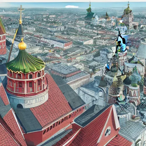 Prompt: A view from wide angle on Dragon sitting on the roof of St.Basil\'s Church in Moscow , Sakimichan, Makoto Shinkai, Rossdraws, Pixivs and Junji Ito, digital painting. trending on Pixiv.