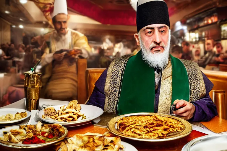 Prompt: Ottoman Sultan Mehmet IV eating shawarma in a restaurant in Downtown New York, wearing big ovular turban and a luxurious Ottoman coat, green eyes, super realistic facial features, detailed face, Ottoman Sultanate, cheerful, expressive, photorealistic, hyperrealism, micro details, HDR Shot