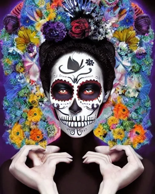 Image similar to dia de los muertos theme surrealist art in the styles of igor morski, jim warren, and aida muluneh, intricate, hyperrealistic, accurate facial details, profile picture with chromakey!!!!! background, volumetric lighting