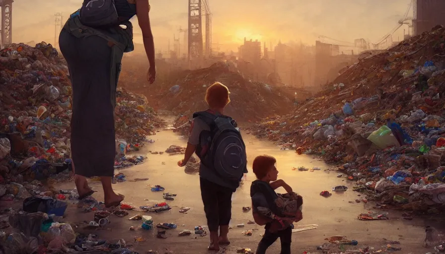 Image similar to mom with child wearingbackpack exploring the garbage dump, city is pure wasteland, sunset in background, detailed characters, alphonse mucha, greg rutkowski, trending on artstation, artgerm, breathtaking, sharp focus, smooth, mark arian, award winning, highly detailed 4 k art