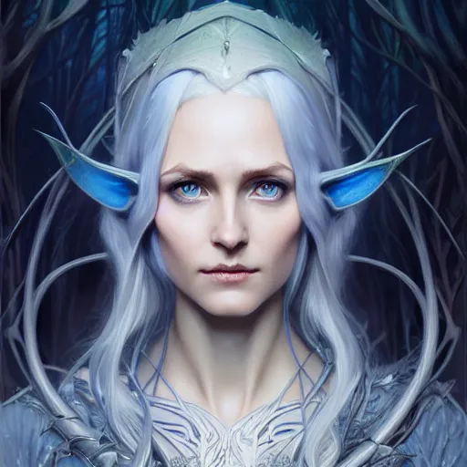 Prompt: Portrait of elvish female wizard, D&D, blue eyes, face, short silver hair, fantasy, intricate, elegant, highly detailed, digital painting, artstation, concept art, smooth, sharp focus, illustration, deep forest on background, art by artgerm and greg rutkowski and alphonse mucha