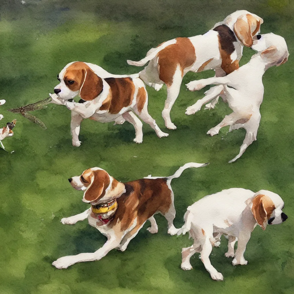 Image similar to water color painting of a white and caramel beagle dog playing with dragonfly in a backyard, harsh lighting, detailed, trending on artstation, dull pastel colors, bright, god rays, dreamy, trending on artstation