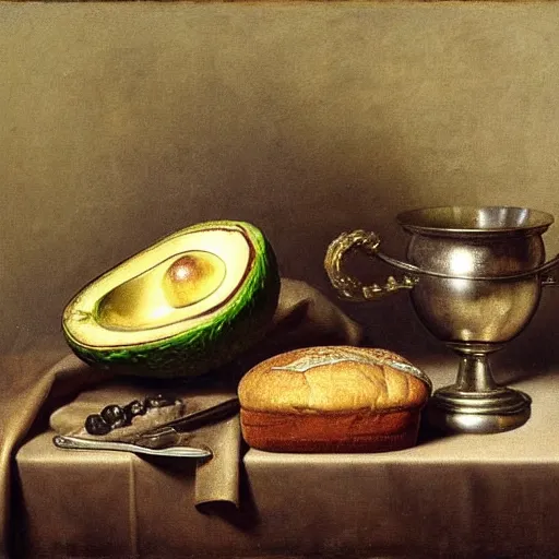 Image similar to still life by willem claesz heda, avocados, bread, linen, a fly, silver, leftover meat pie, overturned chalice, surreal goblets,