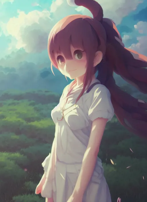 Image similar to portrait of cute catgirl, cloudy sky background lush landscape illustration concept art anime key visual trending pixiv fanbox by wlop and greg rutkowski and makoto shinkai and studio ghibli