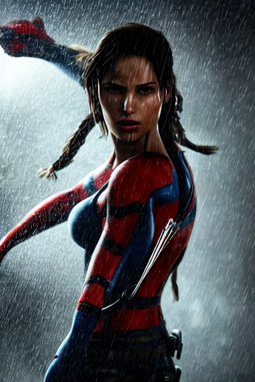 Image similar to cinematic of lara croft as spiderman, dramatic rain, 8 k, moody lighting