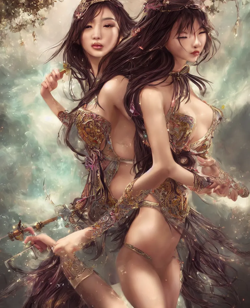 Prompt: beautiful digital art of asian girl priestess carrying glass sabre, corset, bikini, glass Cape, intricate details, fantasy landscape background, detailed face, detailed body, by Jason Chan