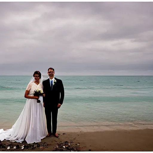 Prompt: a wedding is held on the beach with the bride and groom standing in the water, wedding photo