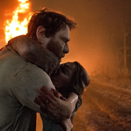 Image similar to trainwreck, boxcar on fire, atmospheric and depressed, post-apocalyptic, Cinematic, film still from a horror movie